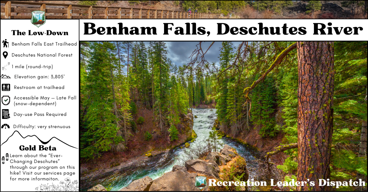 Rushing waters of Benham Falls flowing through basalt rock formations in Deschutes National Forest.