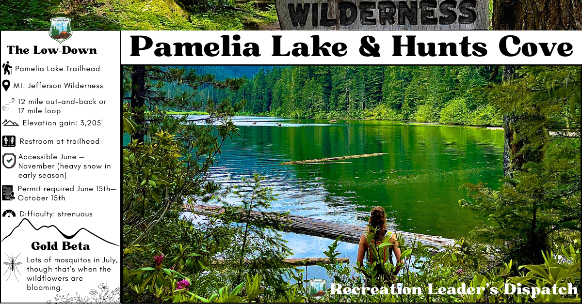 Pristine waters of Pamelia Lake surrounded by alpine trees, with Mount Jefferson rising in the background.