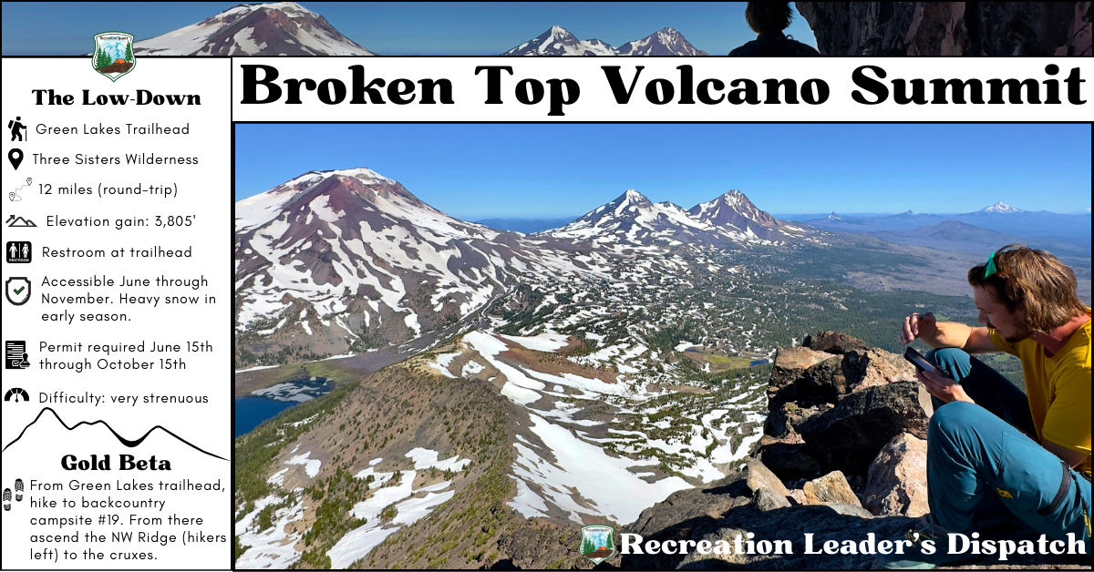 View from the summit of Broken Top Volcano with jagged rock formations and snowy peaks in the distance.