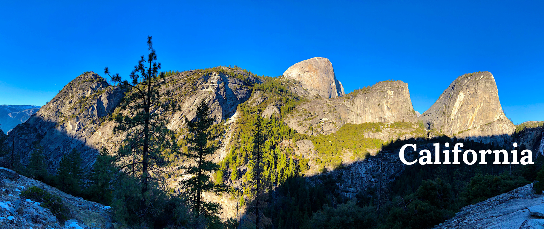 Diverse California landscape featuring a coastal sunset, mountains, and forests.