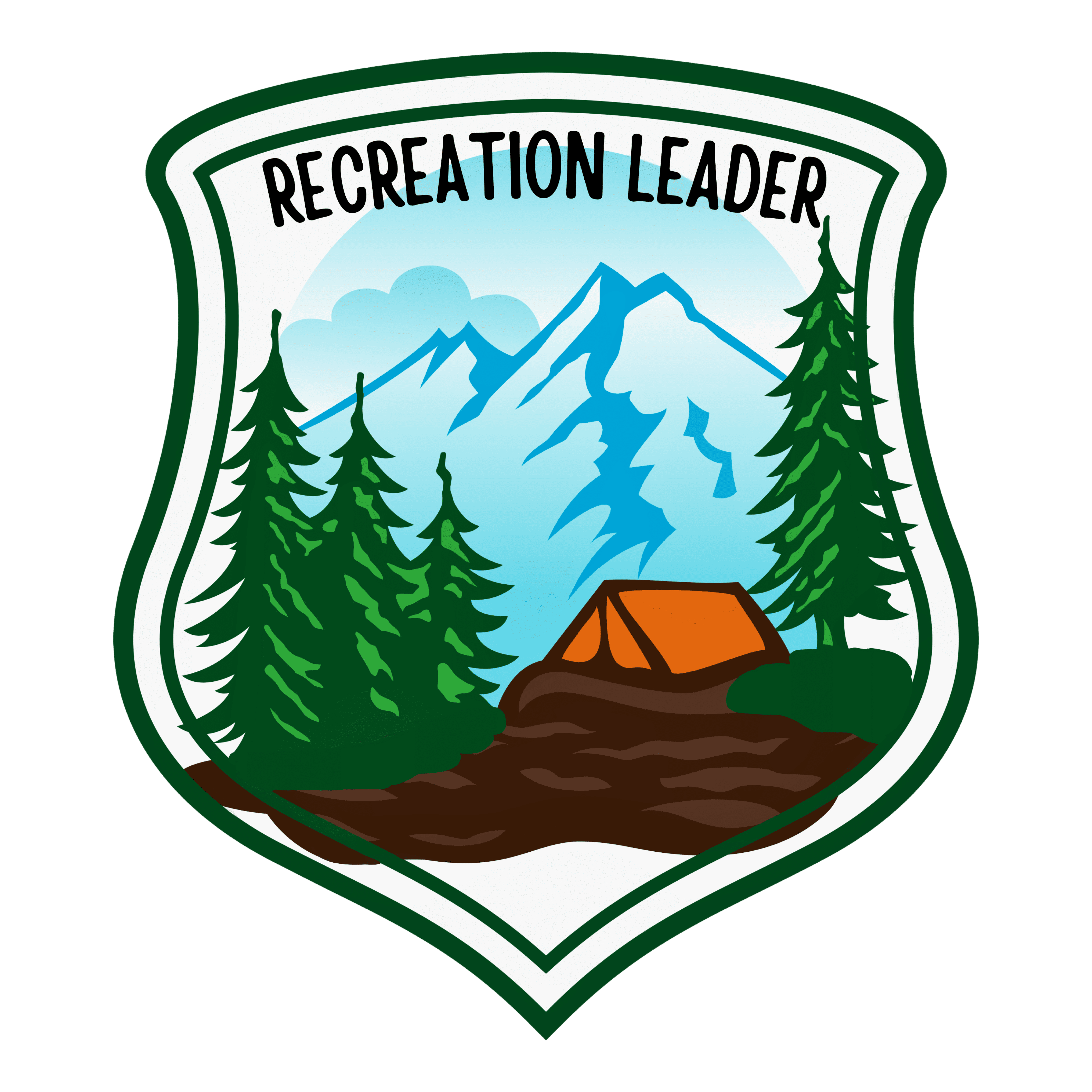 Recreation Leader emblem featuring North and Middle Sister Volcanoes, an orange tent, coniferous trees, and a lava flow in the Three Sisters Wilderness, Deschutes National Forest.